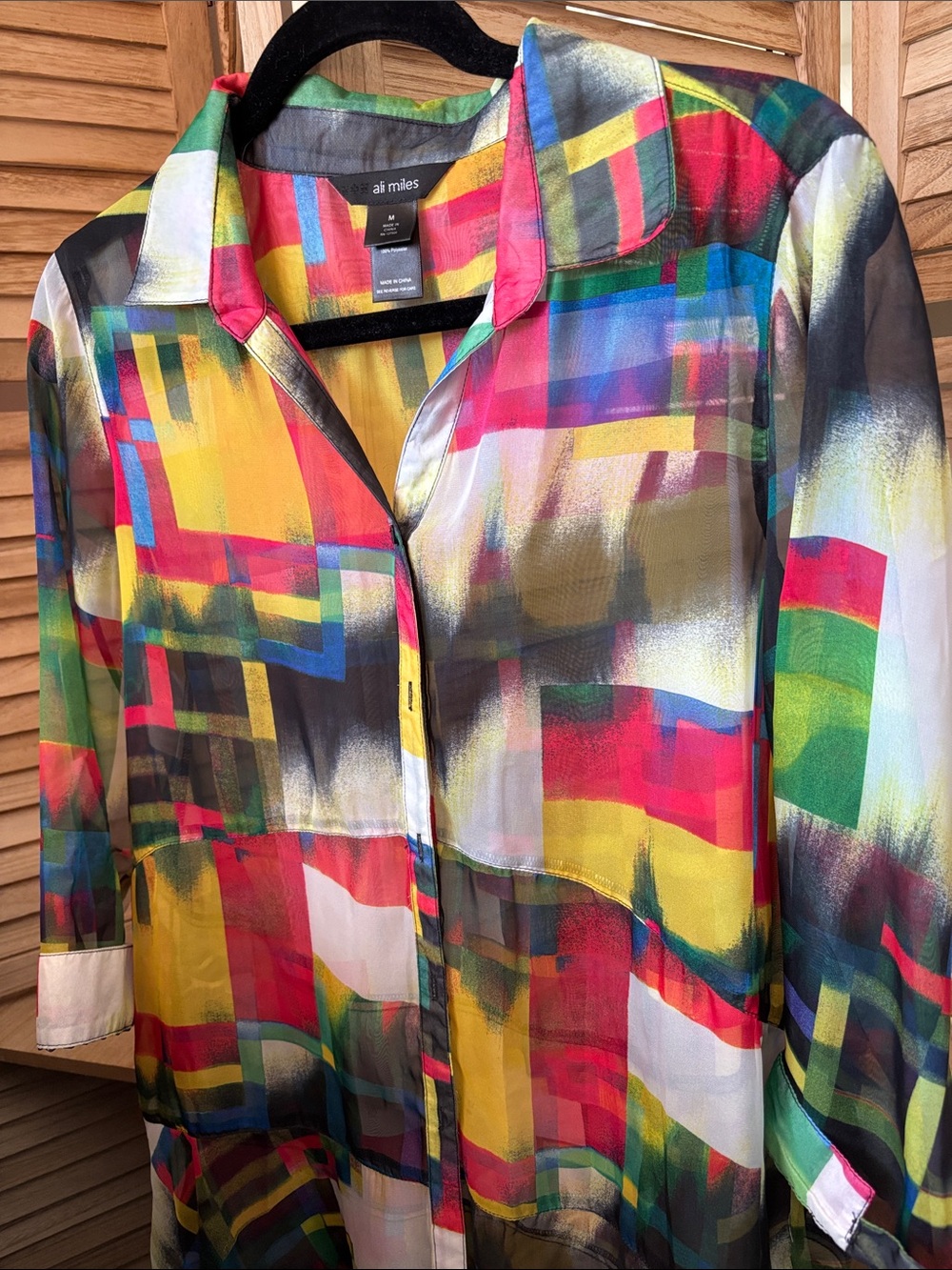 Ali Miles Sheer Multicolor Abstract Button-Up Blouse Medium